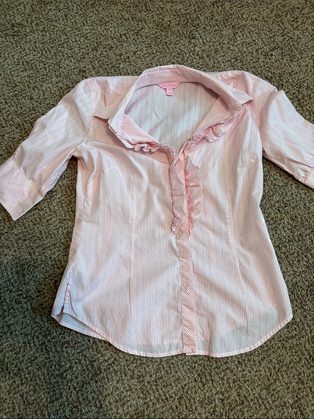 Lilly Pulitzer Pink Striped Ruffle-Front Button Down Shirt 6